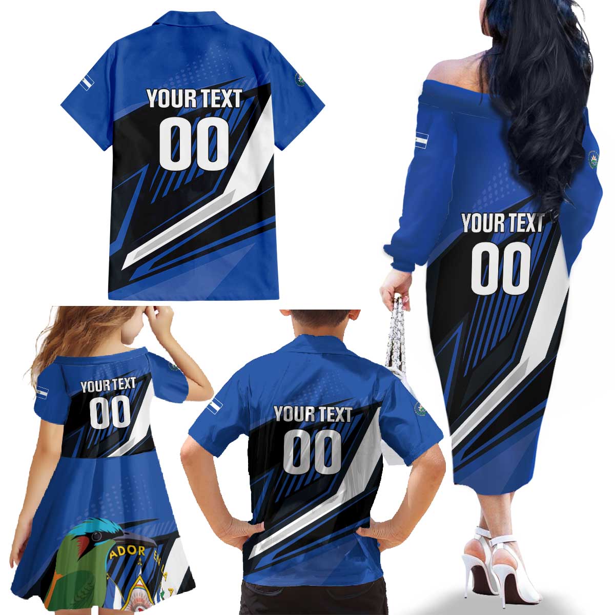 Custom El Salvador Rugby Family Matching Off The Shoulder Long Sleeve Dress and Hawaiian Shirt Los Torogoces Go Champions