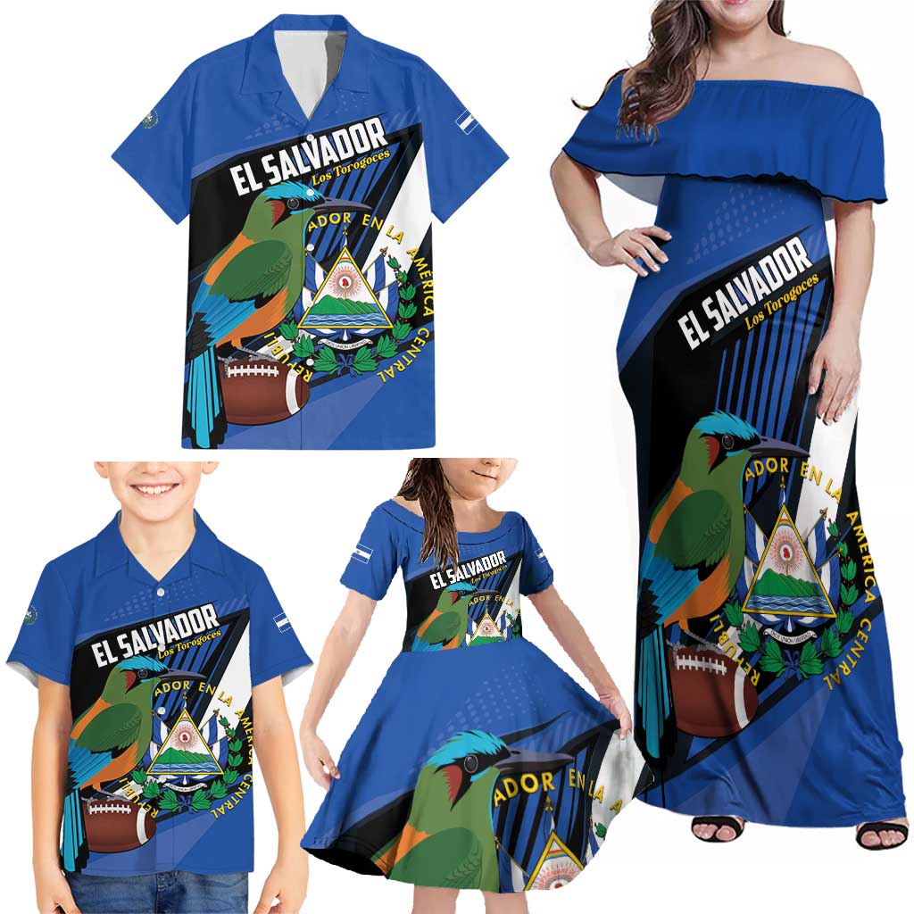 Custom El Salvador Rugby Family Matching Off Shoulder Maxi Dress and Hawaiian Shirt Los Torogoces Go Champions