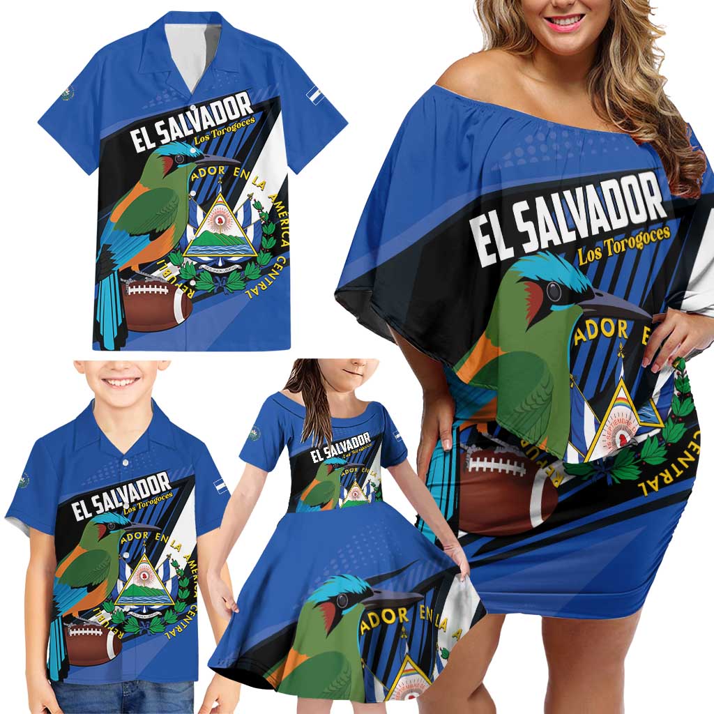 Custom El Salvador Rugby Family Matching Off Shoulder Short Dress and Hawaiian Shirt Los Torogoces Go Champions