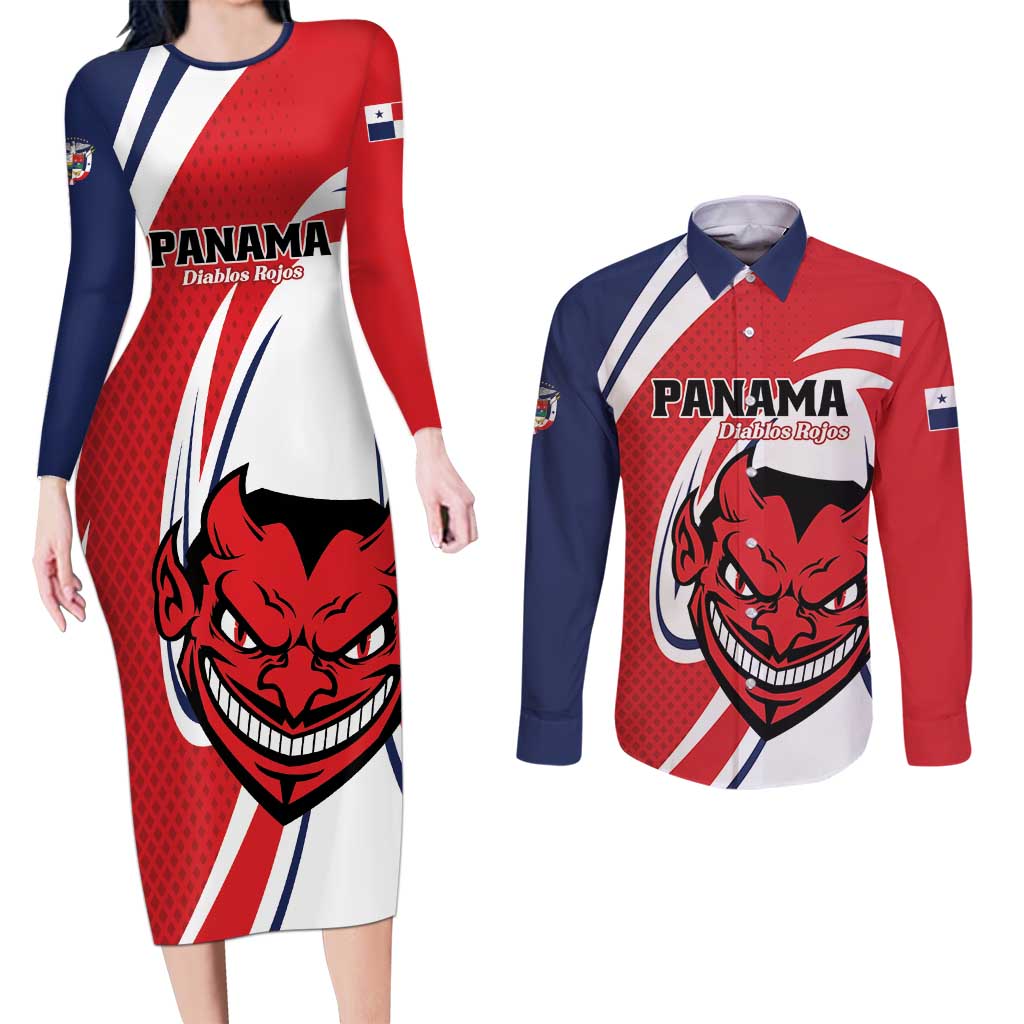 Custom Panama Rugby Couples Matching Long Sleeve Bodycon Dress and Long Sleeve Button Shirt Diablos Rojos Go Champions
