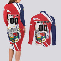 Custom Panama Rugby Couples Matching Long Sleeve Bodycon Dress and Long Sleeve Button Shirt Diablos Rojos Go Champions