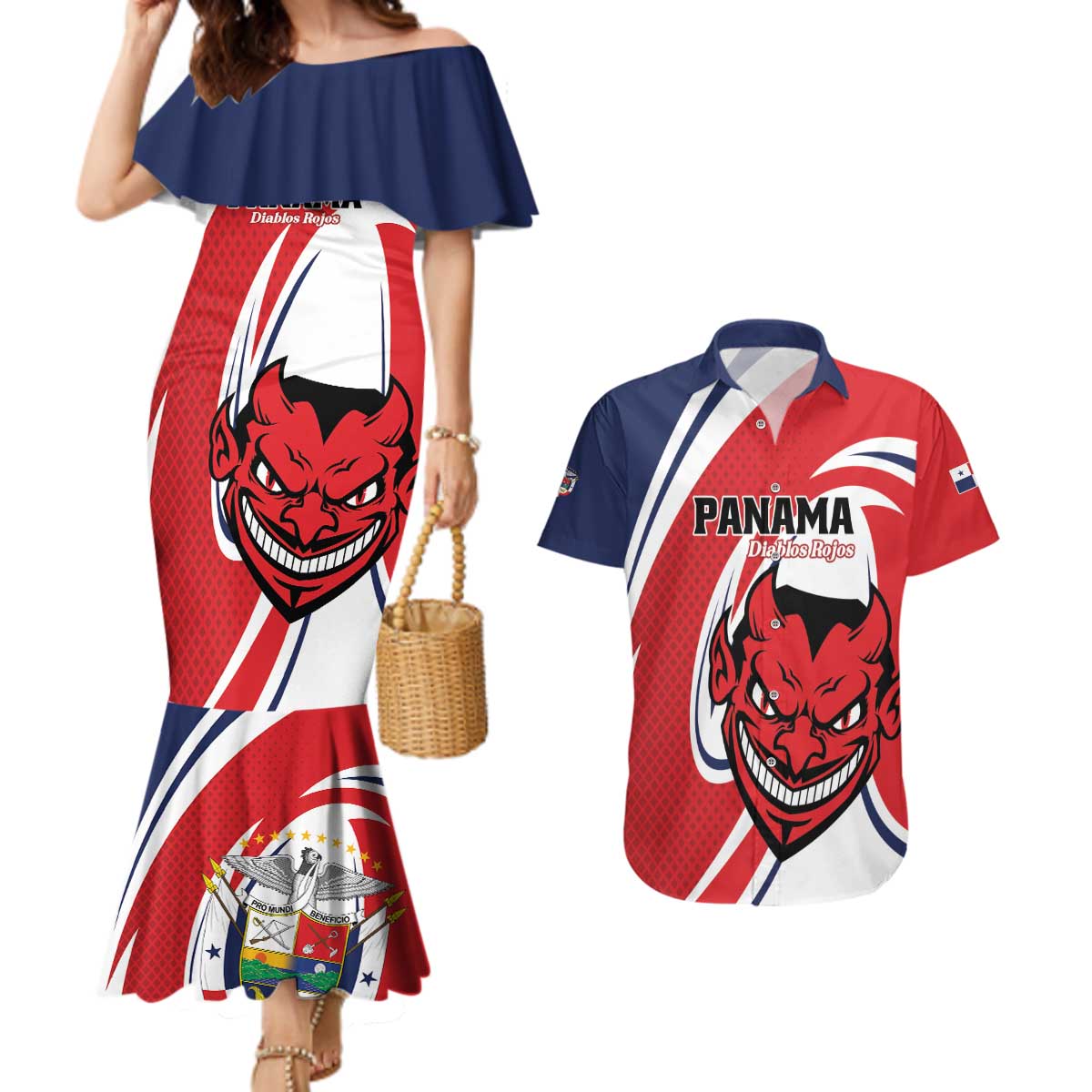 Custom Panama Rugby Couples Matching Mermaid Dress and Hawaiian Shirt Diablos Rojos Go Champions
