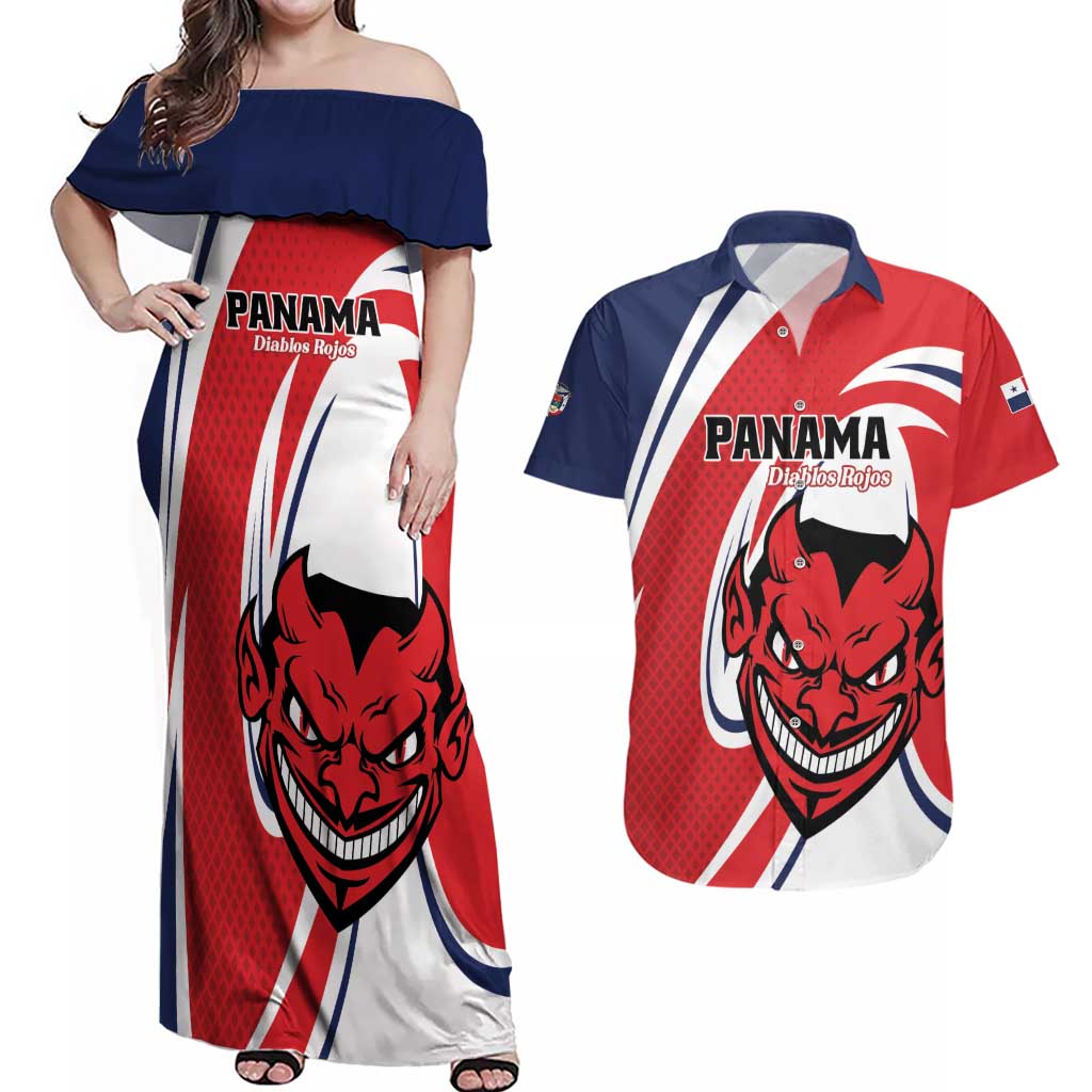 Custom Panama Rugby Couples Matching Off Shoulder Maxi Dress and Hawaiian Shirt Diablos Rojos Go Champions