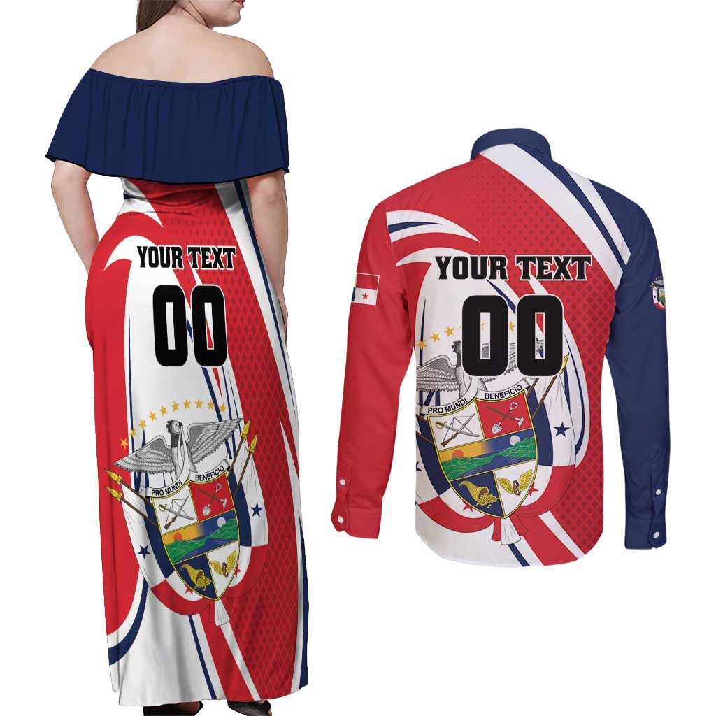 Custom Panama Rugby Couples Matching Off Shoulder Maxi Dress and Long Sleeve Button Shirt Diablos Rojos Go Champions