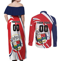 Custom Panama Rugby Couples Matching Off Shoulder Maxi Dress and Long Sleeve Button Shirt Diablos Rojos Go Champions
