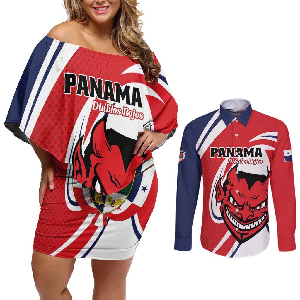 Custom Panama Rugby Couples Matching Off Shoulder Short Dress and Long Sleeve Button Shirt Diablos Rojos Go Champions