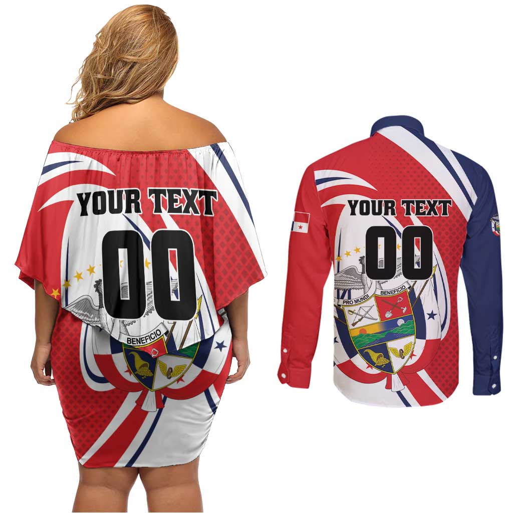 Custom Panama Rugby Couples Matching Off Shoulder Short Dress and Long Sleeve Button Shirt Diablos Rojos Go Champions