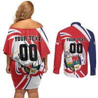 Custom Panama Rugby Couples Matching Off Shoulder Short Dress and Long Sleeve Button Shirt Diablos Rojos Go Champions