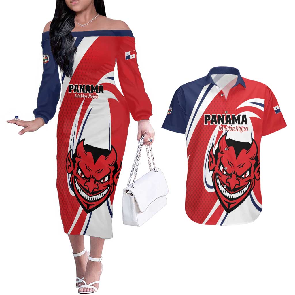 Custom Panama Rugby Couples Matching Off The Shoulder Long Sleeve Dress and Hawaiian Shirt Diablos Rojos Go Champions