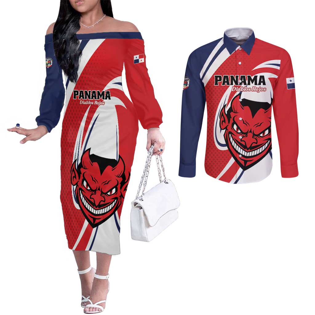 Custom Panama Rugby Couples Matching Off The Shoulder Long Sleeve Dress and Long Sleeve Button Shirt Diablos Rojos Go Champions
