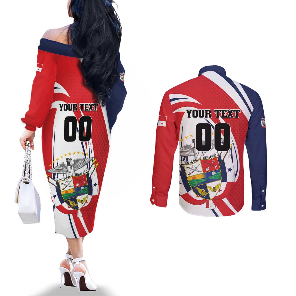 Custom Panama Rugby Couples Matching Off The Shoulder Long Sleeve Dress and Long Sleeve Button Shirt Diablos Rojos Go Champions