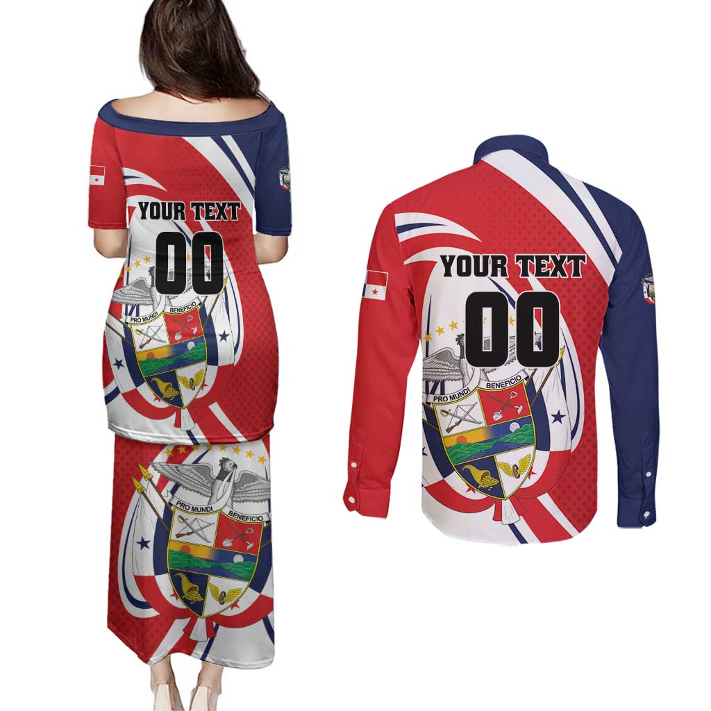 Custom Panama Rugby Couples Matching Puletasi and Long Sleeve Button Shirt Diablos Rojos Go Champions