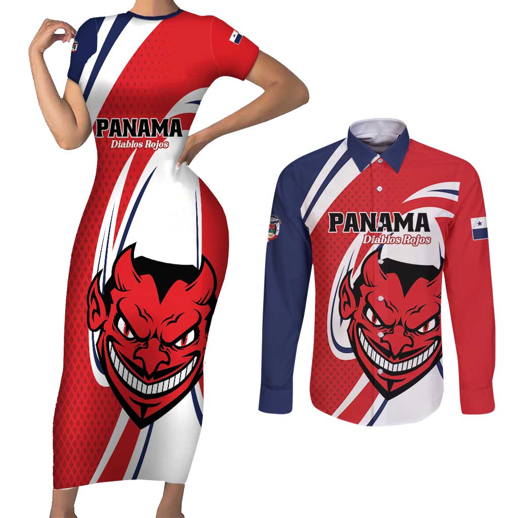 Custom Panama Rugby Couples Matching Short Sleeve Bodycon Dress and Long Sleeve Button Shirt Diablos Rojos Go Champions