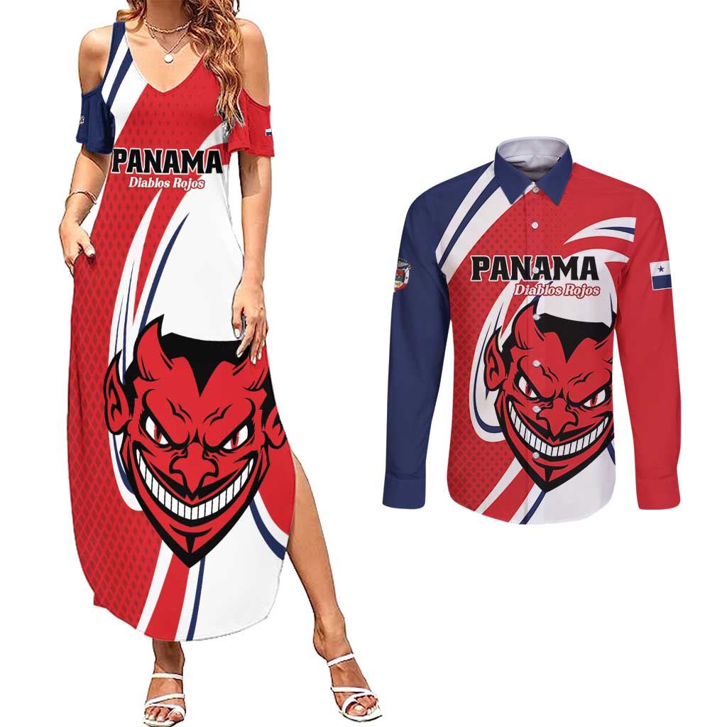 Custom Panama Rugby Couples Matching Summer Maxi Dress and Long Sleeve Button Shirt Diablos Rojos Go Champions