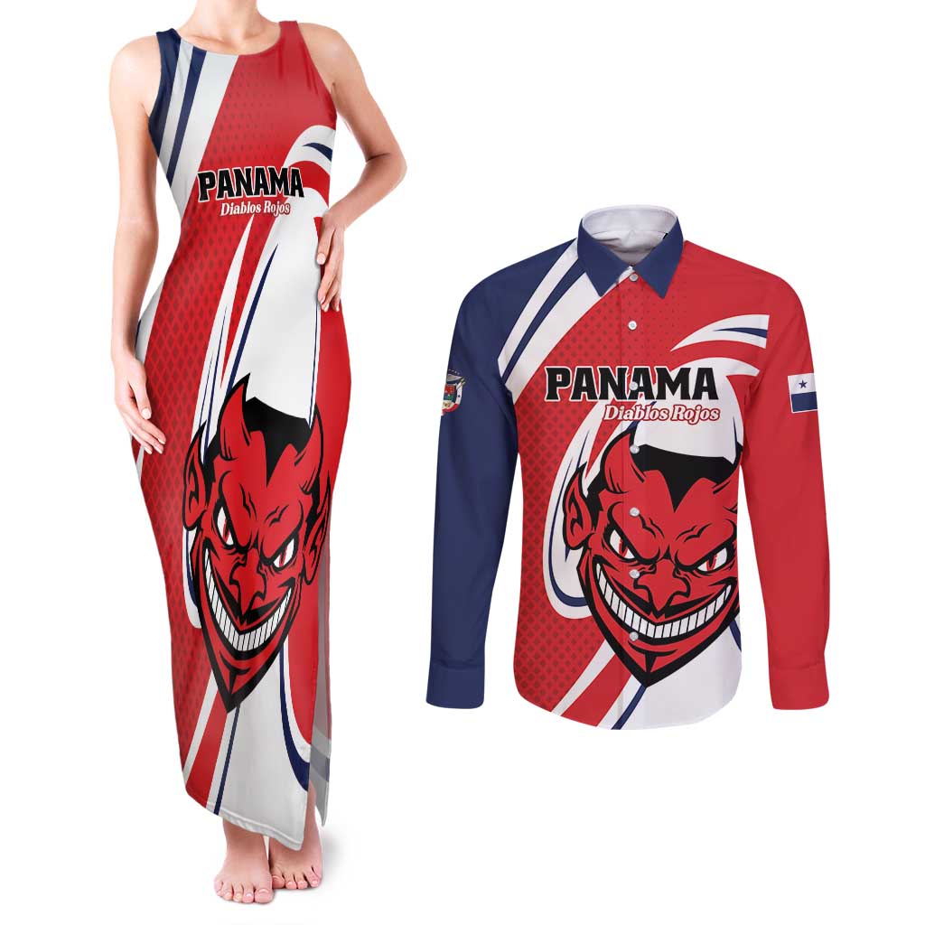 Custom Panama Rugby Couples Matching Tank Maxi Dress and Long Sleeve Button Shirt Diablos Rojos Go Champions