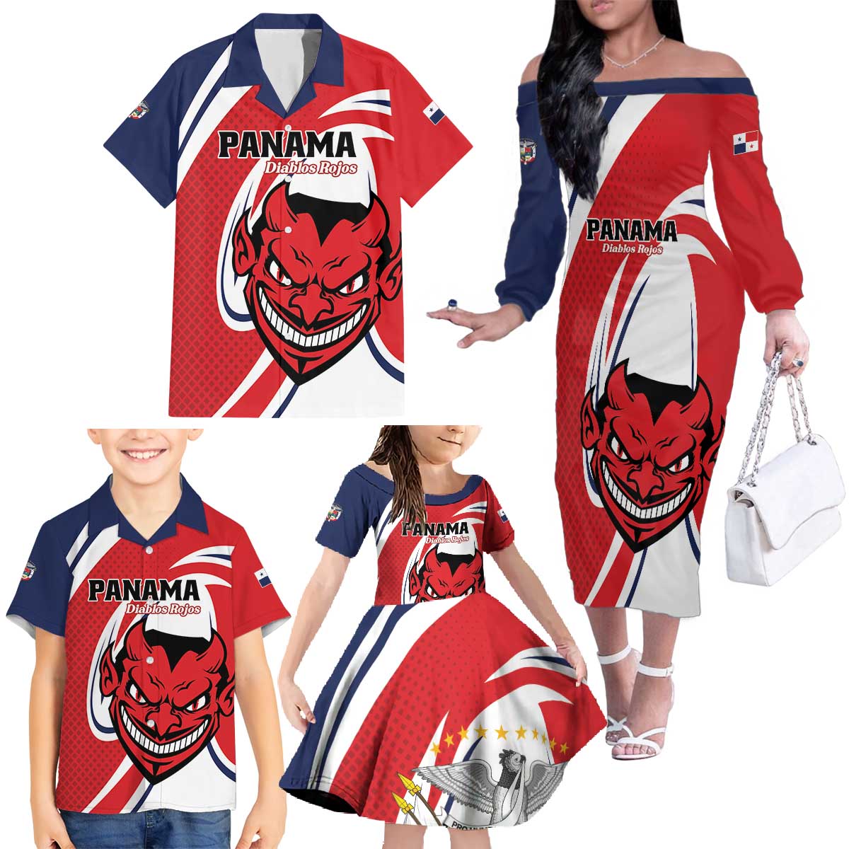 Custom Panama Rugby Family Matching Off The Shoulder Long Sleeve Dress and Hawaiian Shirt Diablos Rojos Go Champions