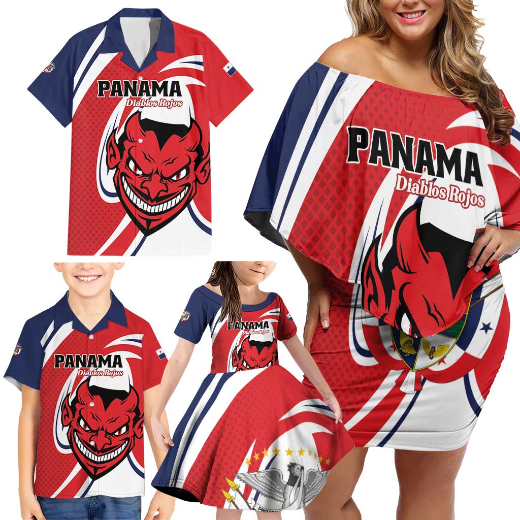 Custom Panama Rugby Family Matching Off Shoulder Short Dress and Hawaiian Shirt Diablos Rojos Go Champions