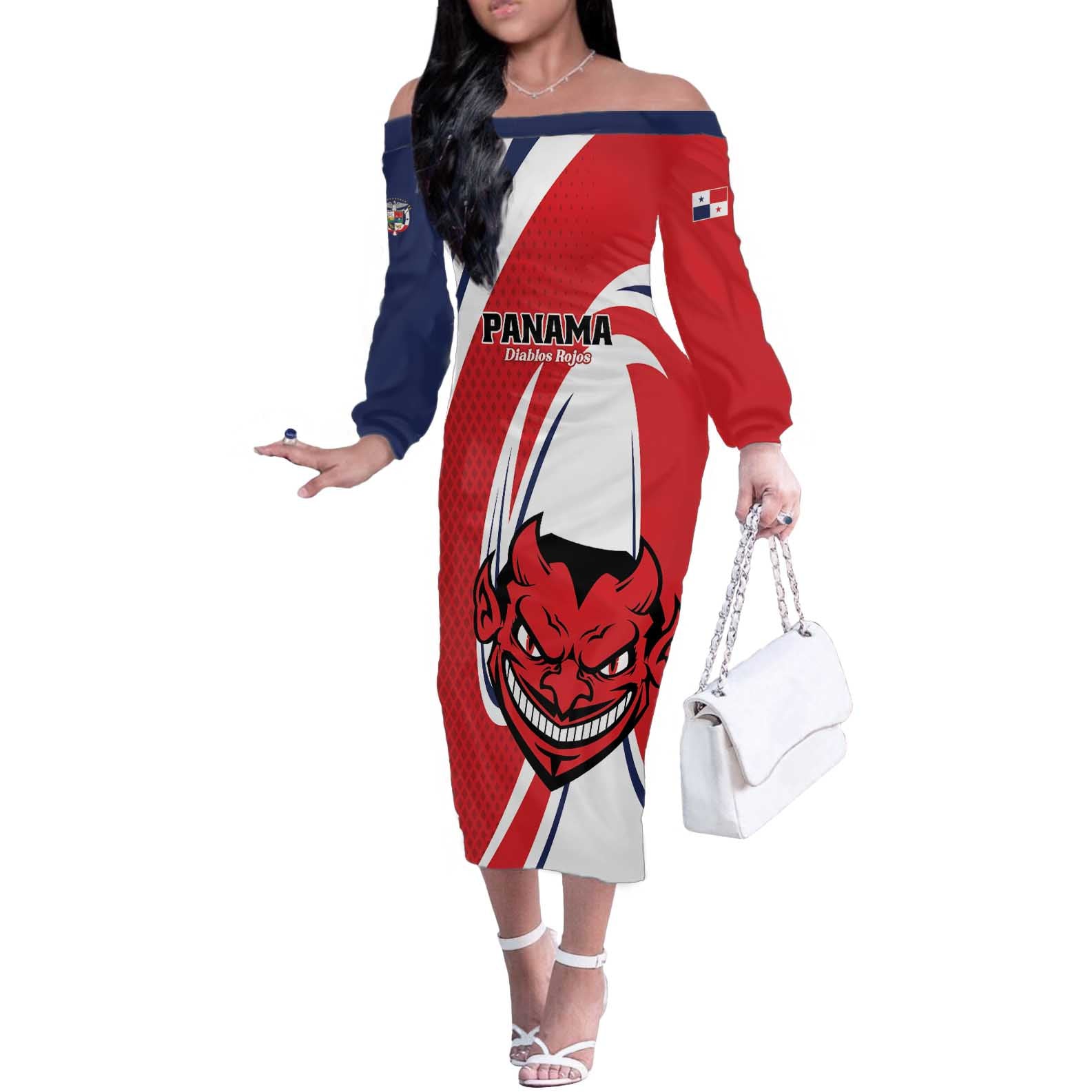 Custom Panama Rugby Off The Shoulder Long Sleeve Dress Diablos Rojos Go Champions
