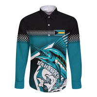 Personalised The Bahamas Long Sleeve Button Shirt Bahamian Blue Marlin Special Version - Wonder Print Shop