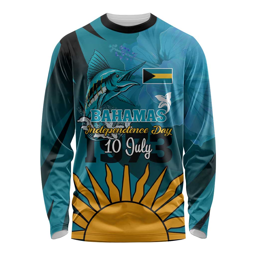 10 July The Bahamas Independence Day Long Sleeve Shirt Bahamian Blue Marlin With Hibiscus LT01