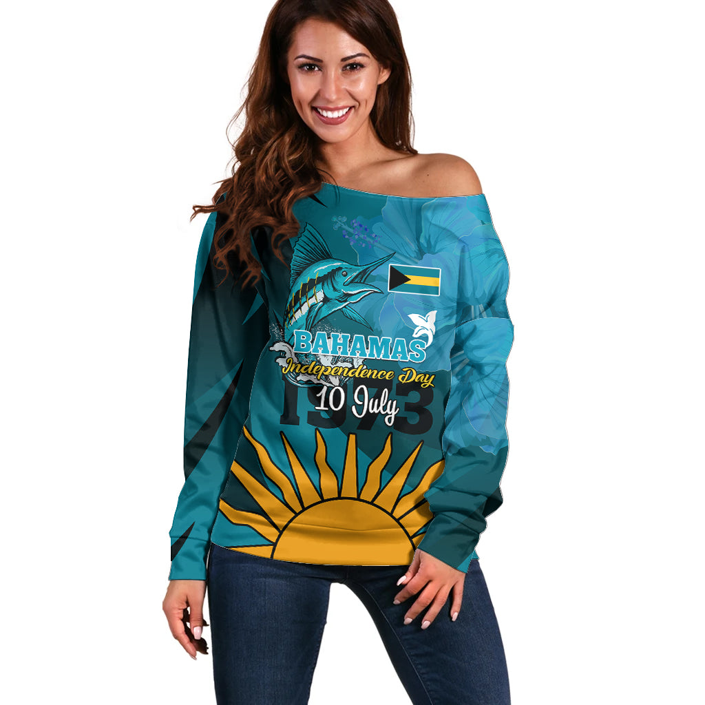 10 July The Bahamas Independence Day Off Shoulder Sweater Bahamian Blue Marlin With Hibiscus - Wonder Print Shop