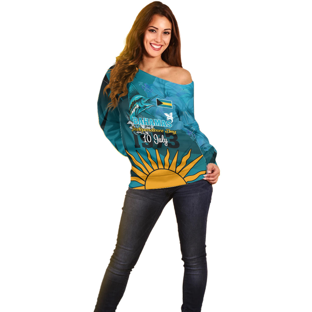 10 July The Bahamas Independence Day Off Shoulder Sweater Bahamian Blue Marlin With Hibiscus - Wonder Print Shop