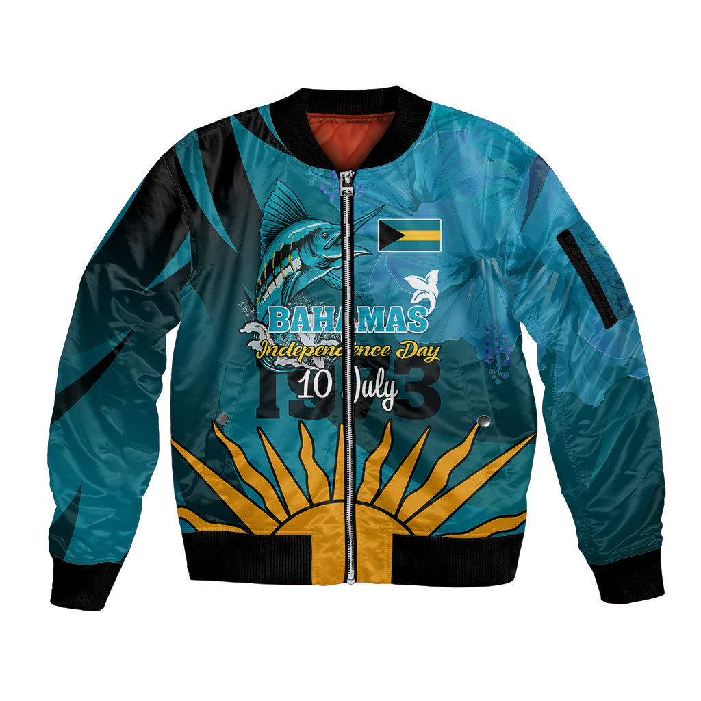 10 July The Bahamas Independence Day Sleeve Zip Bomber Jacket Bahamian Blue Marlin With Hibiscus - Wonder Print Shop