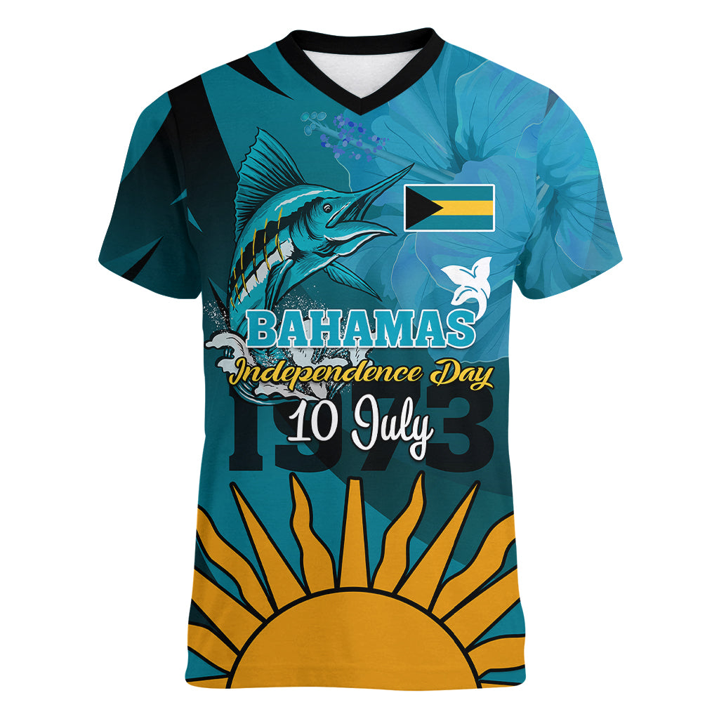 10 July The Bahamas Independence Day Women V Neck T Shirt Bahamian Blue Marlin With Hibiscus - Wonder Print Shop
