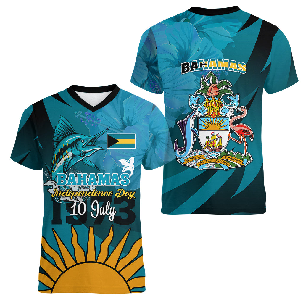 10 July The Bahamas Independence Day Women V Neck T Shirt Bahamian Blue Marlin With Hibiscus - Wonder Print Shop
