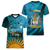 10 July The Bahamas Independence Day Women V Neck T Shirt Bahamian Blue Marlin With Hibiscus - Wonder Print Shop