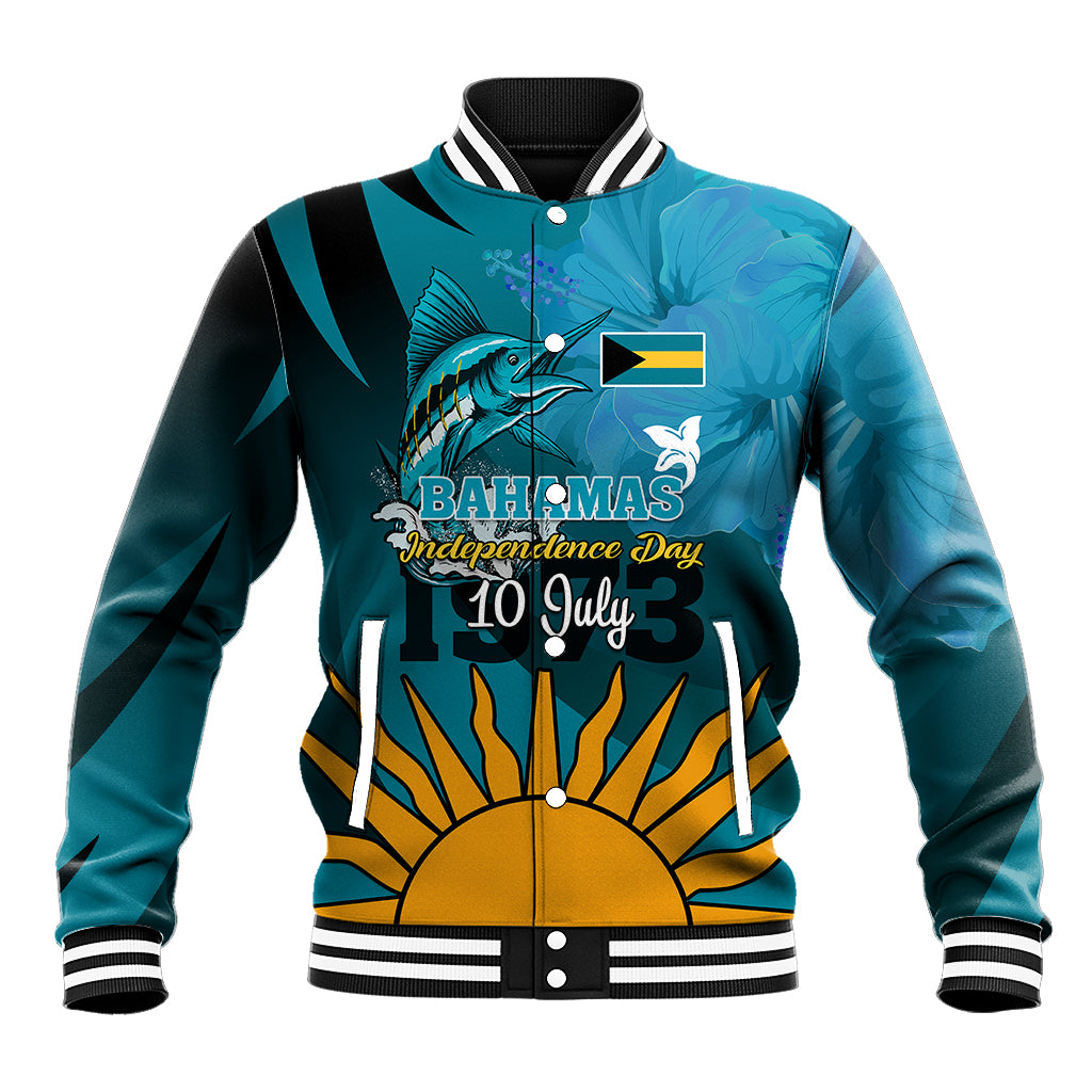 Custom 10 July The Bahamas Independence Day Baseball Jacket Bahamian Blue Marlin With Hibiscus - Wonder Print Shop
