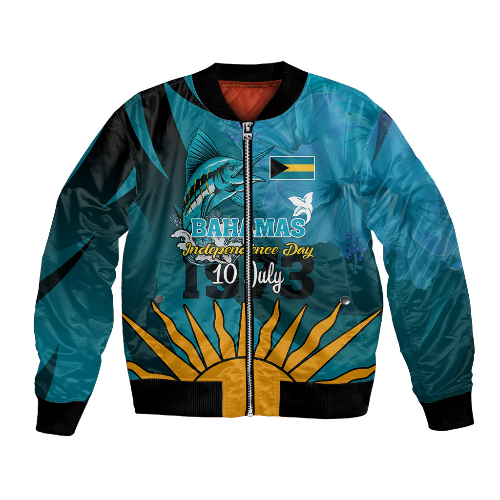 Custom 10 July The Bahamas Independence Day Bomber Jacket Bahamian Blue Marlin With Hibiscus - Wonder Print Shop