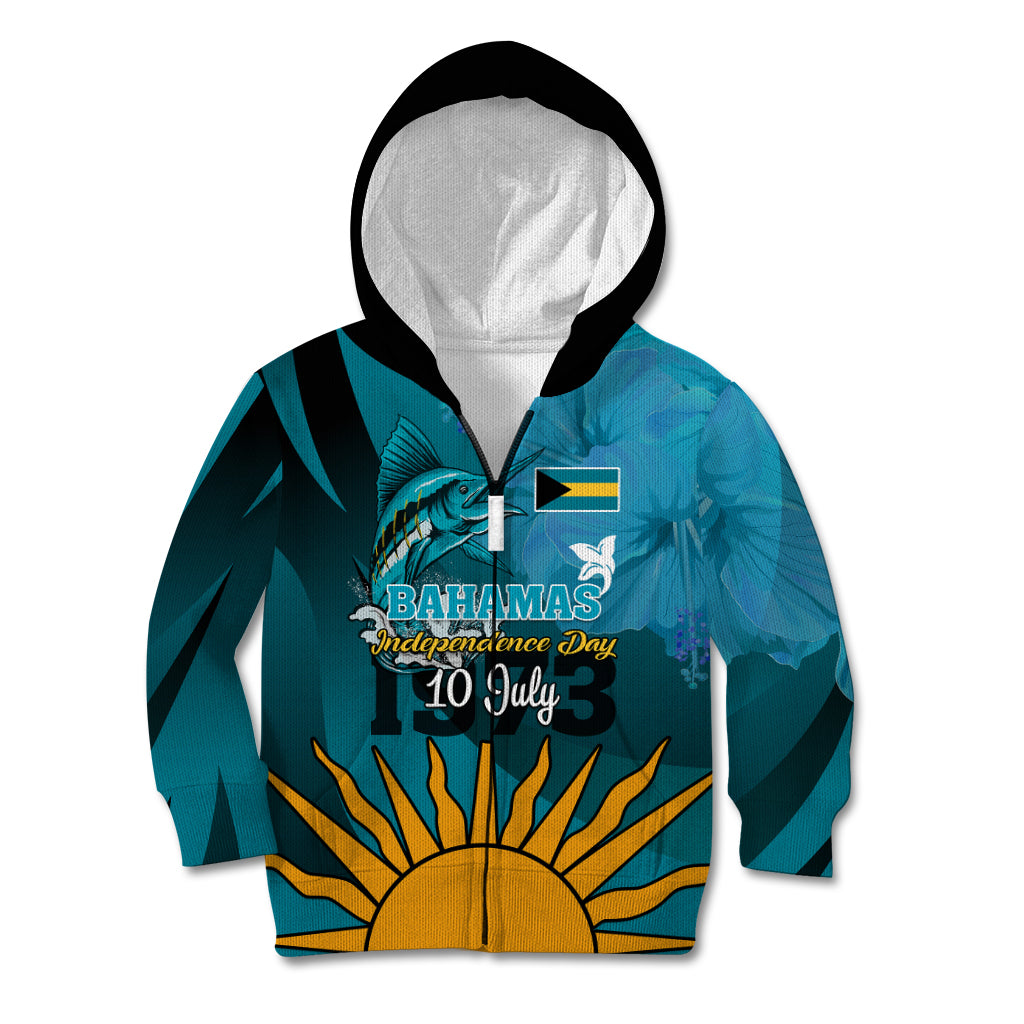 Custom 10 July The Bahamas Independence Day Kid Hoodie Bahamian Blue Marlin With Hibiscus - Wonder Print Shop