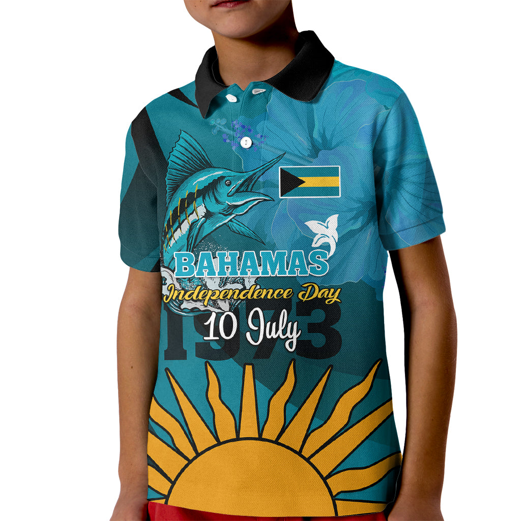 Custom 10 July The Bahamas Independence Day Kid Polo Shirt Bahamian Blue Marlin With Hibiscus - Wonder Print Shop