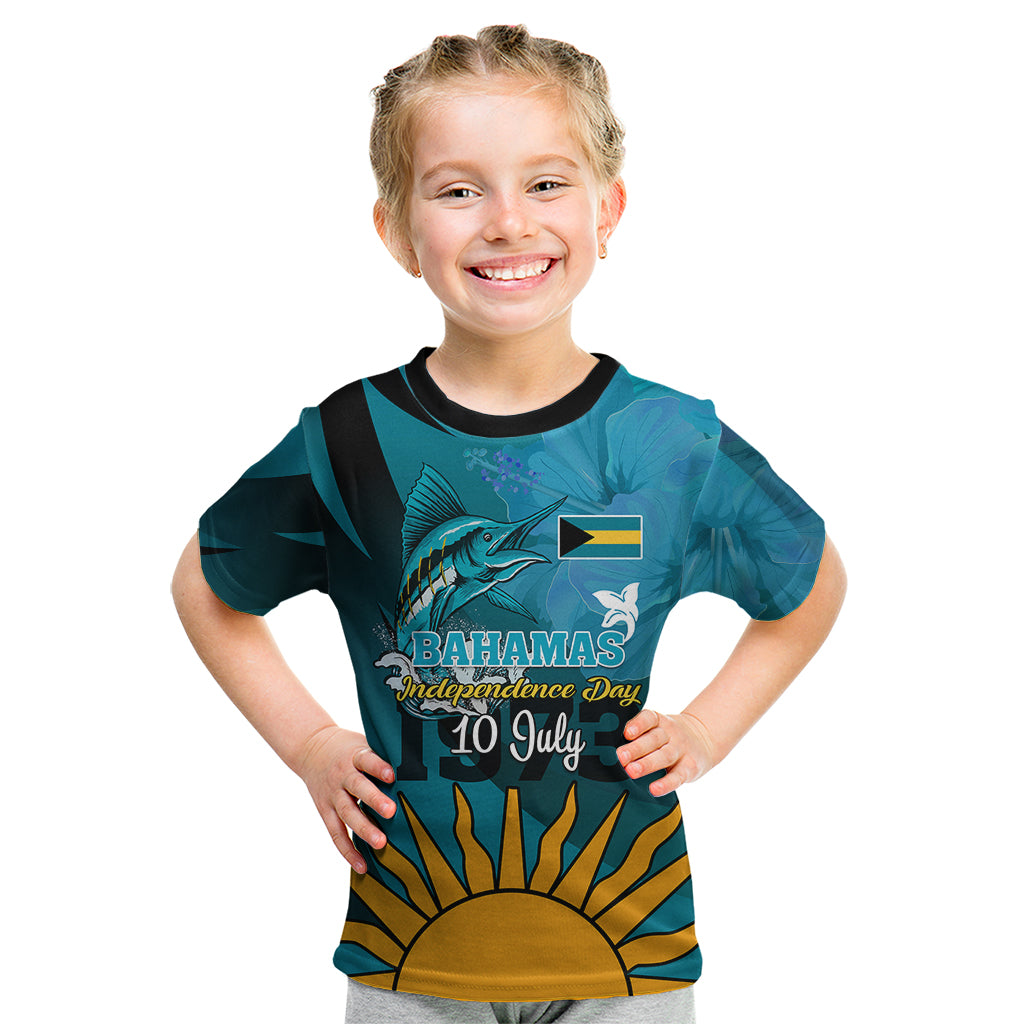 Custom 10 July The Bahamas Independence Day Kid T Shirt Bahamian Blue Marlin With Hibiscus - Wonder Print Shop