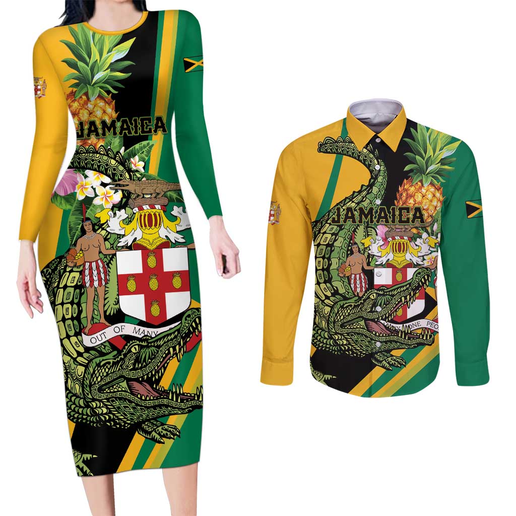 Personalized Jamaica Crocodile Couples Matching Long Sleeve Bodycon Dress and Long Sleeve Button Shirt Pineapple Tropical Style - Wonder Print Shop
