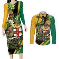 Personalized Jamaica Crocodile Couples Matching Long Sleeve Bodycon Dress and Long Sleeve Button Shirt Pineapple Tropical Style - Wonder Print Shop