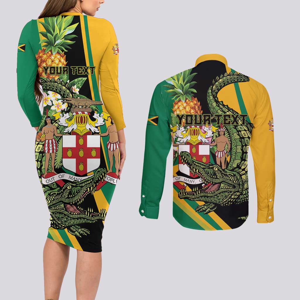 Personalized Jamaica Crocodile Couples Matching Long Sleeve Bodycon Dress and Long Sleeve Button Shirt Pineapple Tropical Style - Wonder Print Shop