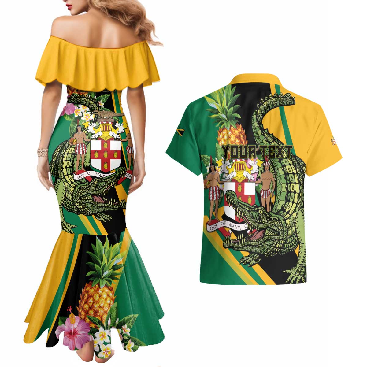 Personalized Jamaica Crocodile Couples Matching Mermaid Dress and Hawaiian Shirt Pineapple Tropical Style - Wonder Print Shop