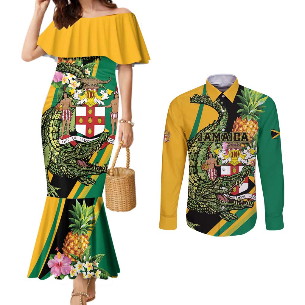 Personalized Jamaica Crocodile Couples Matching Mermaid Dress and Long Sleeve Button Shirt Pineapple Tropical Style - Wonder Print Shop