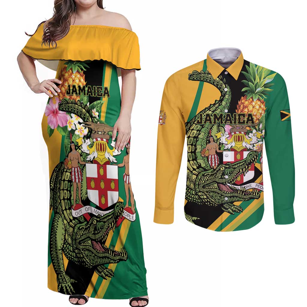 Personalized Jamaica Crocodile Couples Matching Off Shoulder Maxi Dress and Long Sleeve Button Shirt Pineapple Tropical Style - Wonder Print Shop