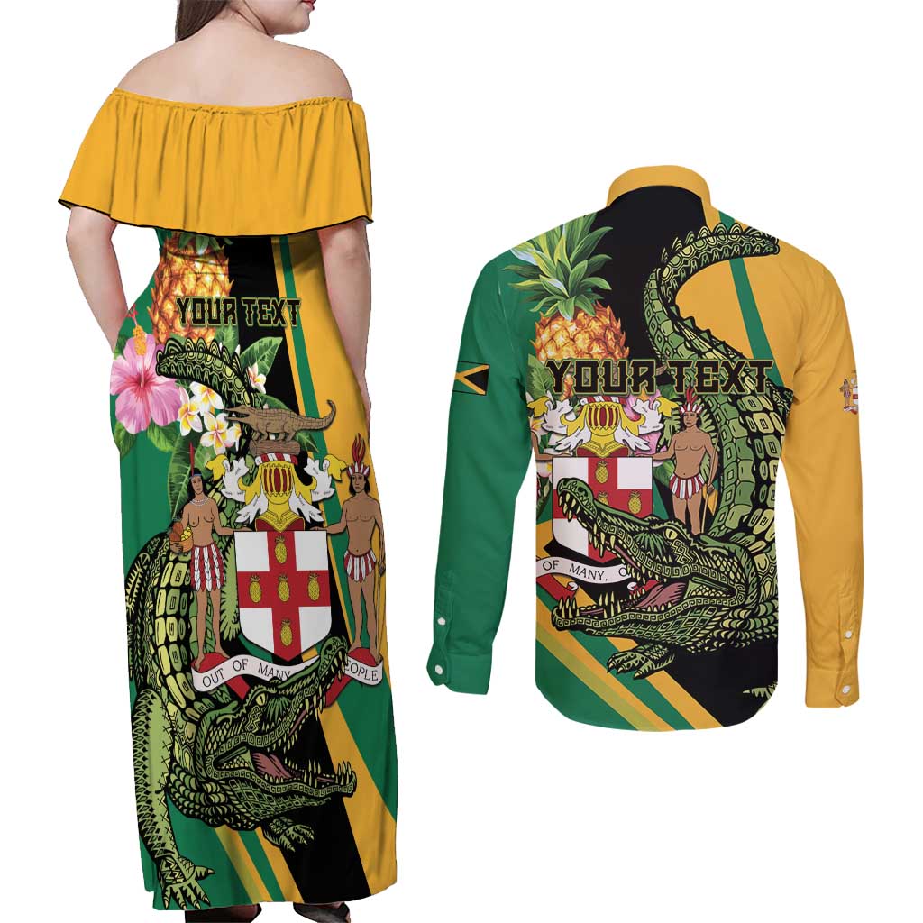 Personalized Jamaica Crocodile Couples Matching Off Shoulder Maxi Dress and Long Sleeve Button Shirt Pineapple Tropical Style - Wonder Print Shop