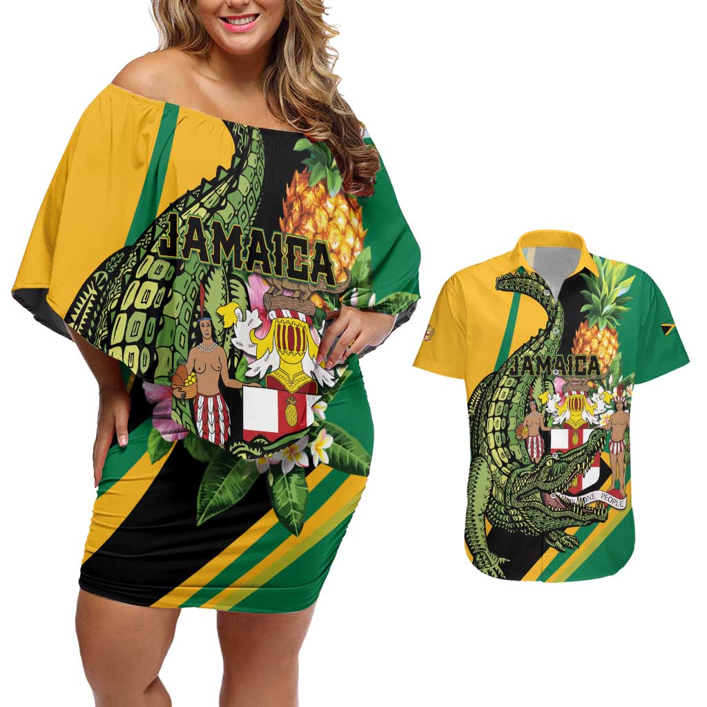 Personalized Jamaica Crocodile Couples Matching Off Shoulder Short Dress and Hawaiian Shirt Pineapple Tropical Style - Wonder Print Shop