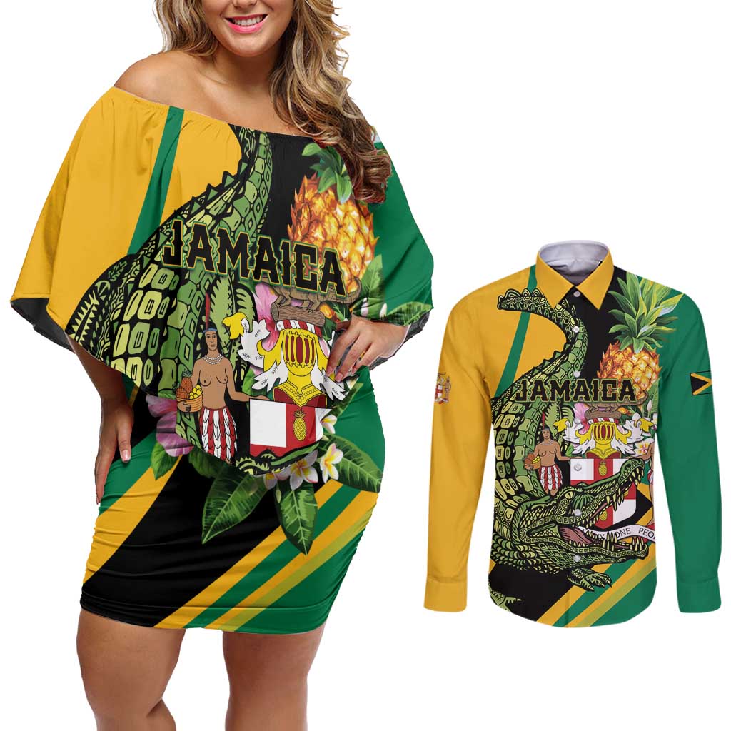 Personalized Jamaica Crocodile Couples Matching Off Shoulder Short Dress and Long Sleeve Button Shirt Pineapple Tropical Style - Wonder Print Shop