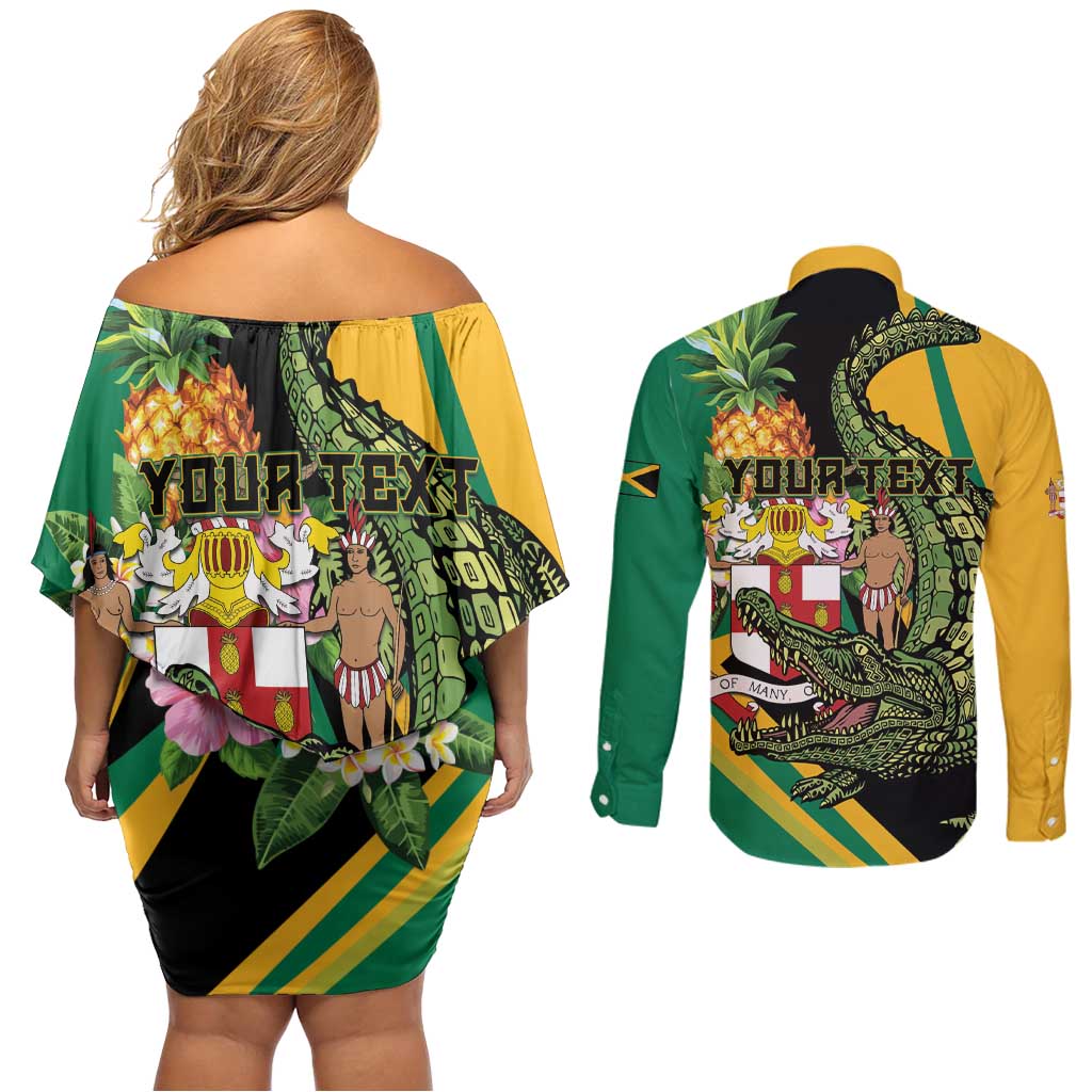 Personalized Jamaica Crocodile Couples Matching Off Shoulder Short Dress and Long Sleeve Button Shirt Pineapple Tropical Style - Wonder Print Shop
