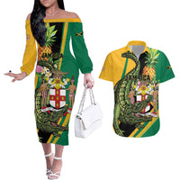 Personalized Jamaica Crocodile Couples Matching Off The Shoulder Long Sleeve Dress and Hawaiian Shirt Pineapple Tropical Style - Wonder Print Shop