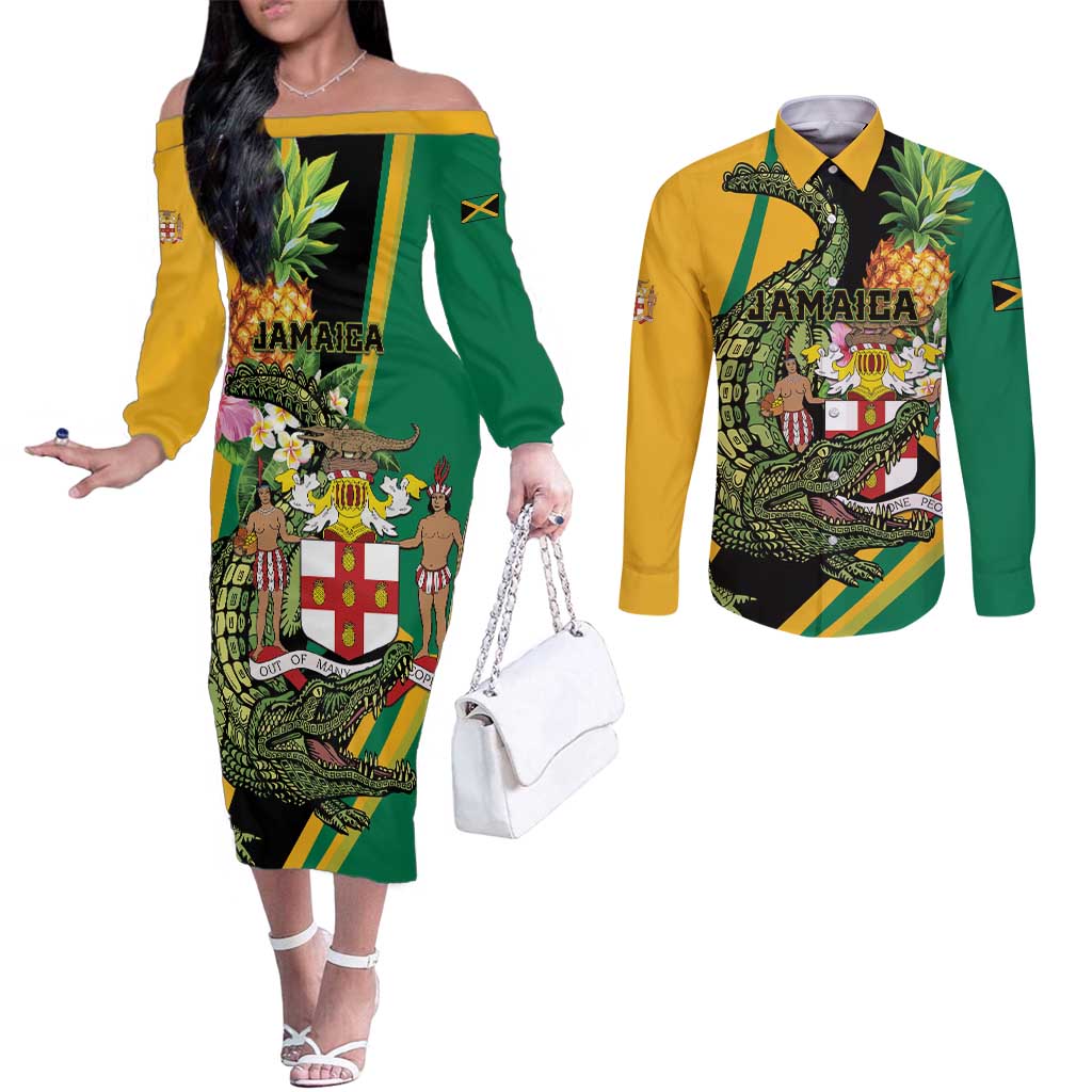 Personalized Jamaica Crocodile Couples Matching Off The Shoulder Long Sleeve Dress and Long Sleeve Button Shirt Pineapple Tropical Style - Wonder Print Shop