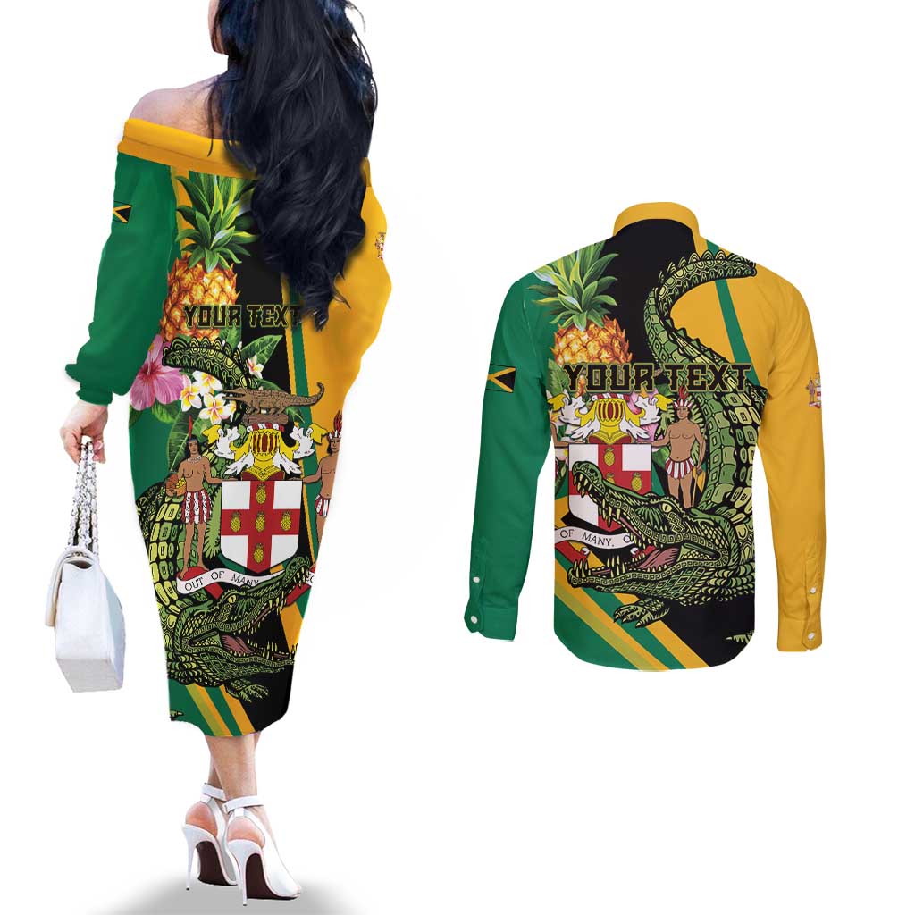 Personalized Jamaica Crocodile Couples Matching Off The Shoulder Long Sleeve Dress and Long Sleeve Button Shirt Pineapple Tropical Style - Wonder Print Shop
