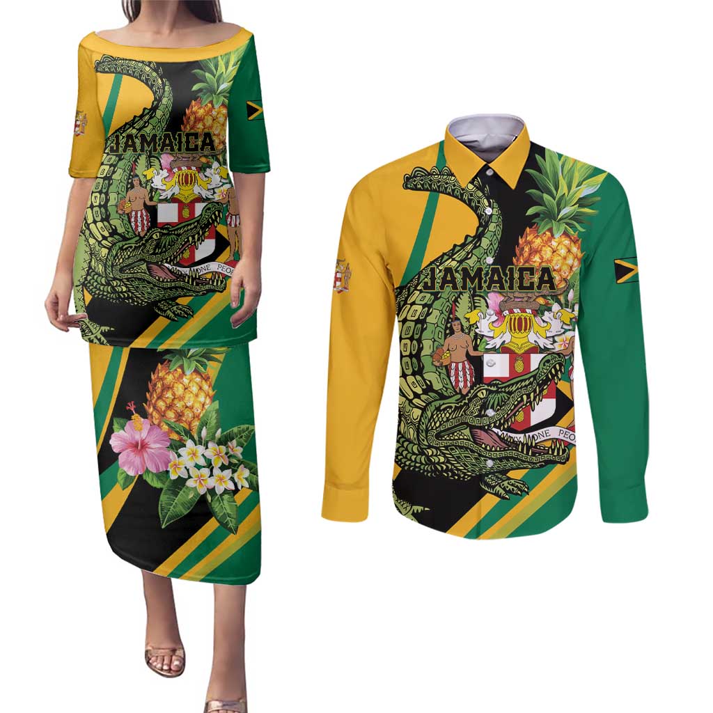 Personalized Jamaica Crocodile Couples Matching Puletasi and Long Sleeve Button Shirt Pineapple Tropical Style - Wonder Print Shop