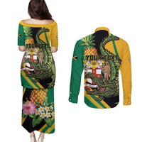 Personalized Jamaica Crocodile Couples Matching Puletasi and Long Sleeve Button Shirt Pineapple Tropical Style - Wonder Print Shop